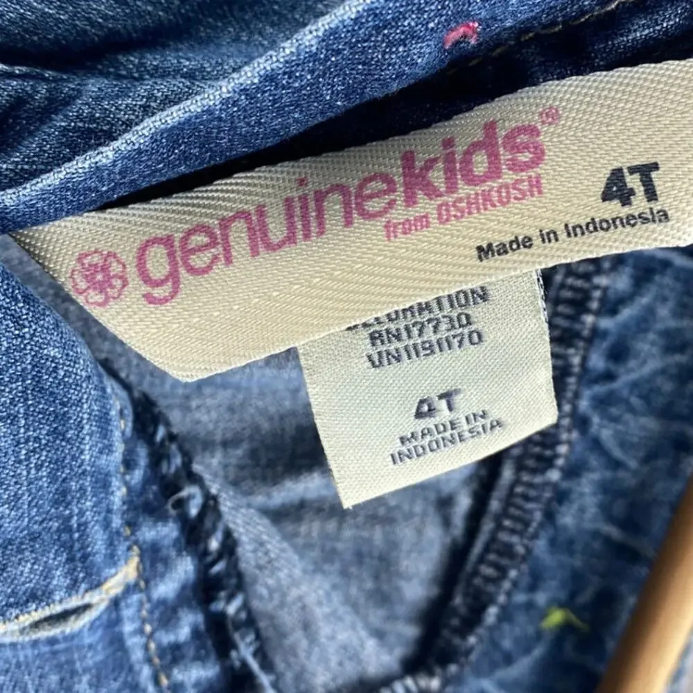 Genuine Kids OshKosh 4T Denim Jumper Dress Embroidered Button Ruffle Hem